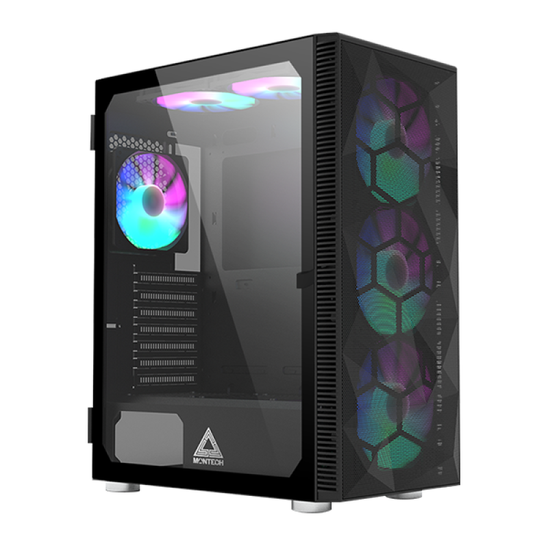 Imagem Gabinete Gamer Montech x3 MESH Mid Tower Black ATX 6 Fans Rainbow Vidro Temperado