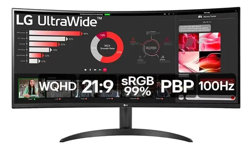 Imagem Monitor LG UltraWide Curvo 34” – WQHD 2K, 21:9, sRGB 99%, HDR10, PBP, 100Hz, AMD FreeSync - 34WR50QC-B