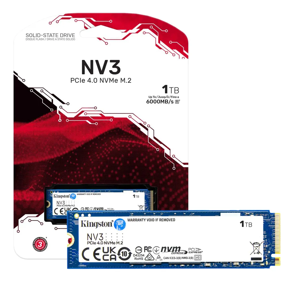 Imagem SSD Kingston NV3, 1 TB, M.2 2280, PCIe 4.0 x4, NVMe, Leitura: 6000 MB/s, Gravação: 4000 MB/s
