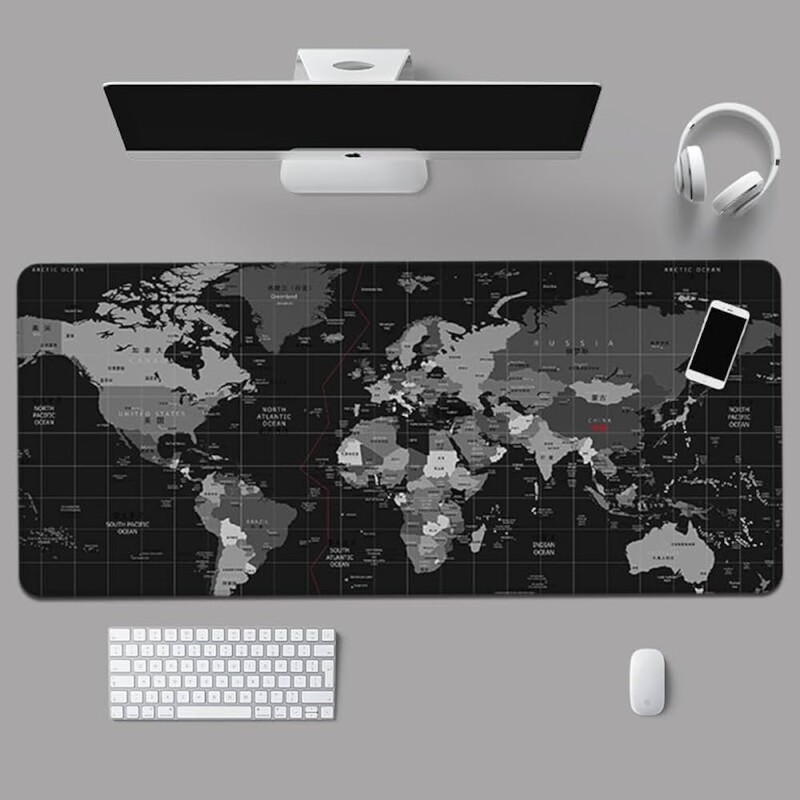 Imagem Mouse Pad Gamer Com Estampa Tema Mapa Mundi Extra Grande 90x40 cm com Bordas Costuradas e base Antiderrapante Desk Pad p