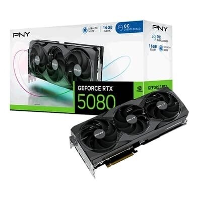 Imagem Placa de Vídeo PNY RTX 5080 Overclocked NVIDIA GeForce 16GB GDDR7 G-Sync Ray Tracing DLSS 4 HDR Triple Fan - VCG508016T