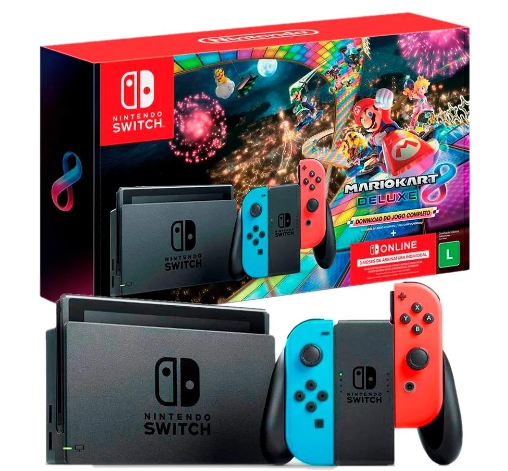Imagem Console Nintendo Switch + Mario Kart 8 Deluxe + 3 Meses de Assinatura Nintendo Switch Online,