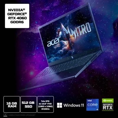 Imagem Notebook Acer Nitro V15 Intel Core i9-13900h De 13°G 16GB SSD 512GB RTX4060 Tela 15.6" Full HD Windows 11 Home - Anv15