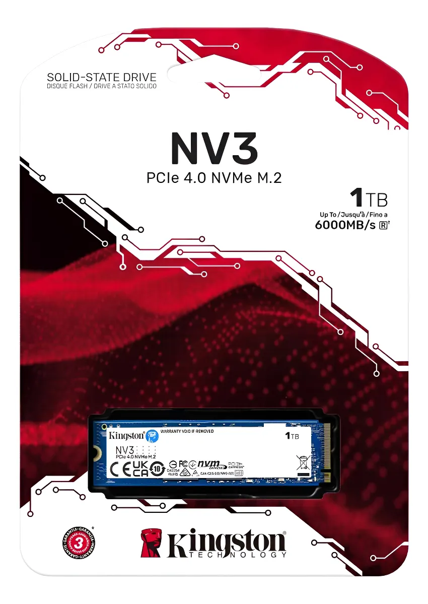 Imagem SSD Kingston NV3 1 TB M.2 2280 PCIe 4.0 x4 NVMe Leitura: 6000 MB/s, Gravação: 4000 MB/s