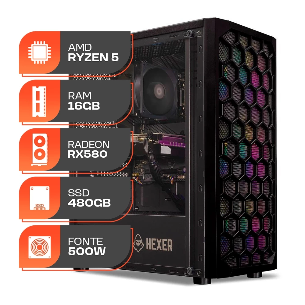 Imagem da oferta PC Gamer Forge, AMD Ryzen 5 5500, Radeon RX 580 8GB, 16GB DDR4, SSD 480GB, Fonte 500W 80 Plus