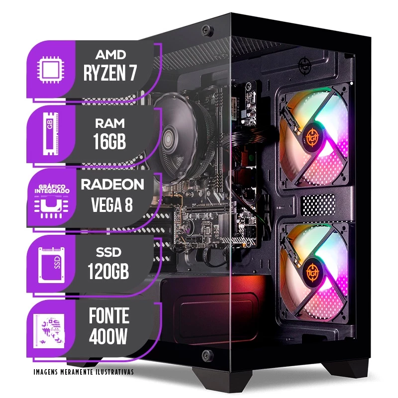 Imagem da oferta PC Gamer Mancer Ryzen 7 5700G Vega 8 16GB DDR4 SSD 120GB Fonte 400W 80 Plus