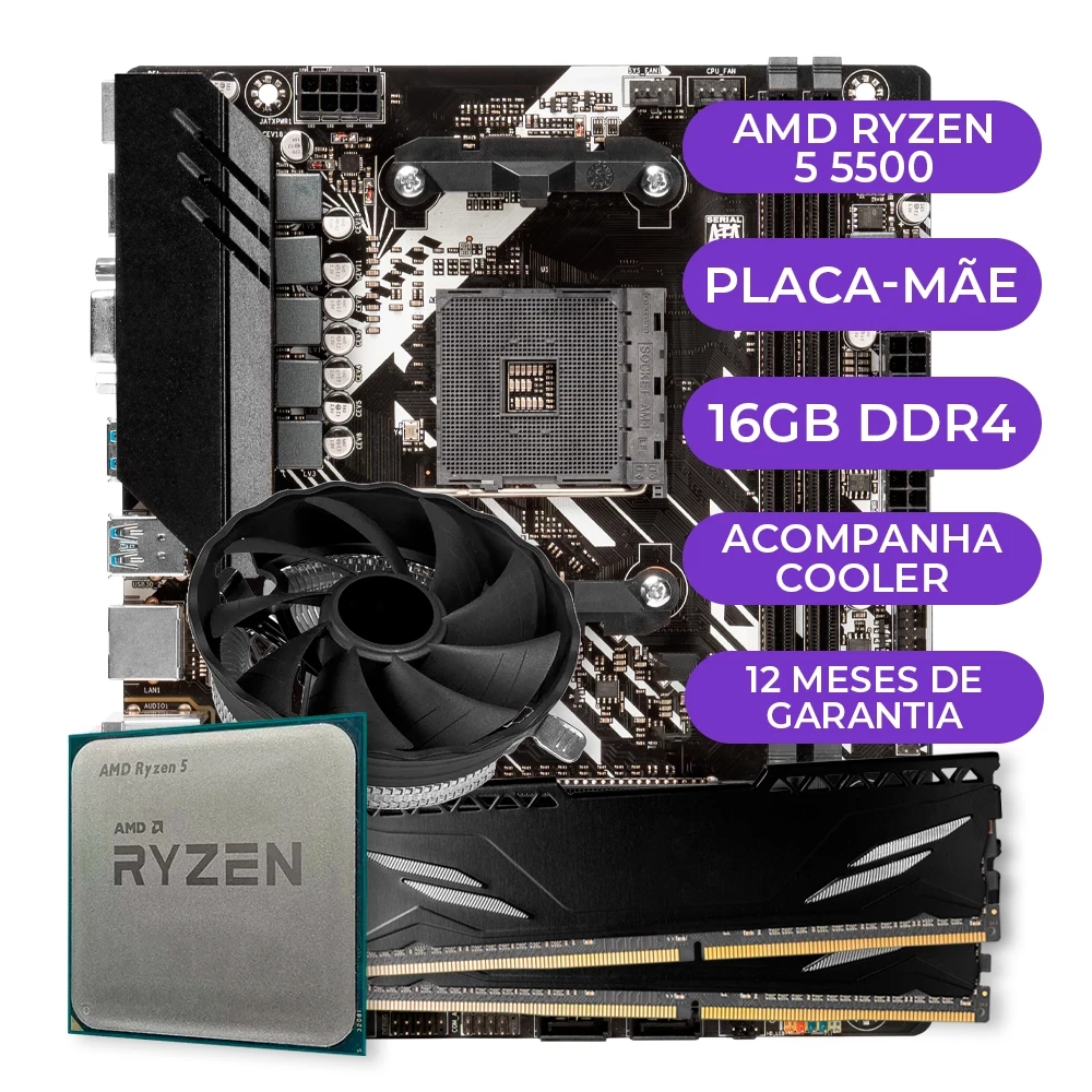 Imagem Kit Upgrade Gamer AMD Ryzen 5 5500 + B450M + 16GB DDR4