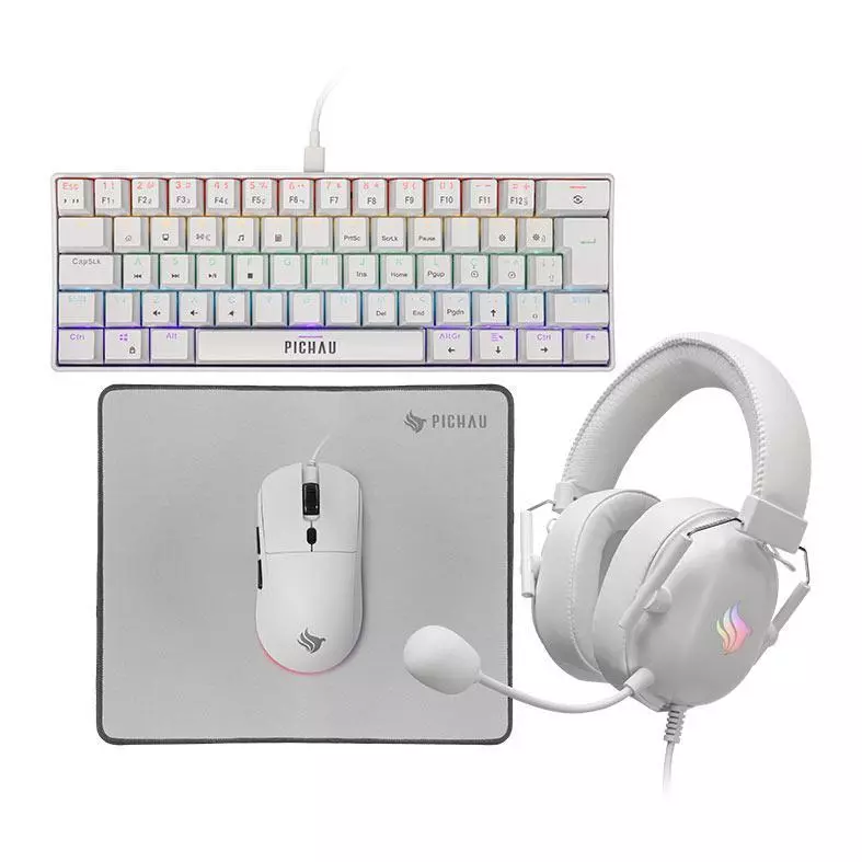 Imagem Combo Gamer Pichau Netuno V2 4x1: Teclado Mecânico ABNT2 Mouse 4200DPI Mousepad Headset 50mm, Branco