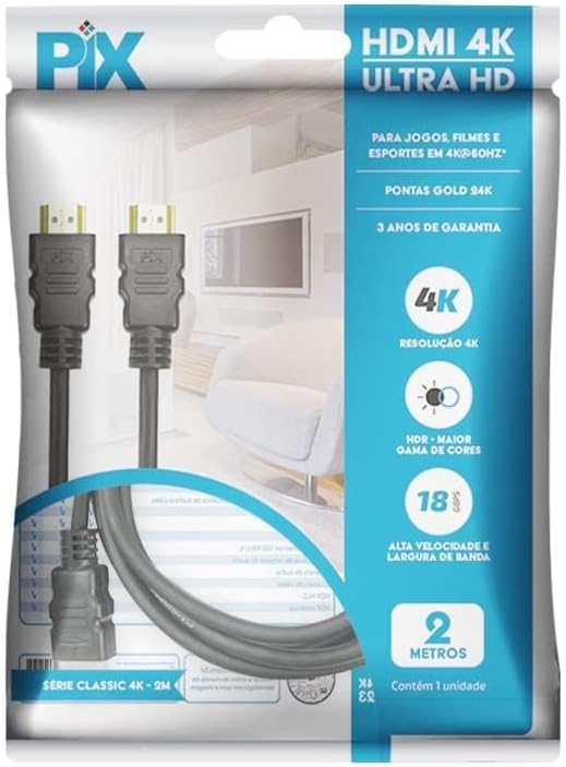 Imagem PIX Cabo Hdmi 2.0 4K Hdr 19P 2M Pix Gold, Preto