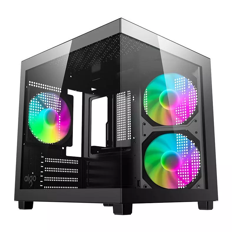 Imagem Gabinete Gamer Aquário Aigo Luna A275 Rainbow Mini-Tower Lateral/Vidro C/3 Fans Preto
