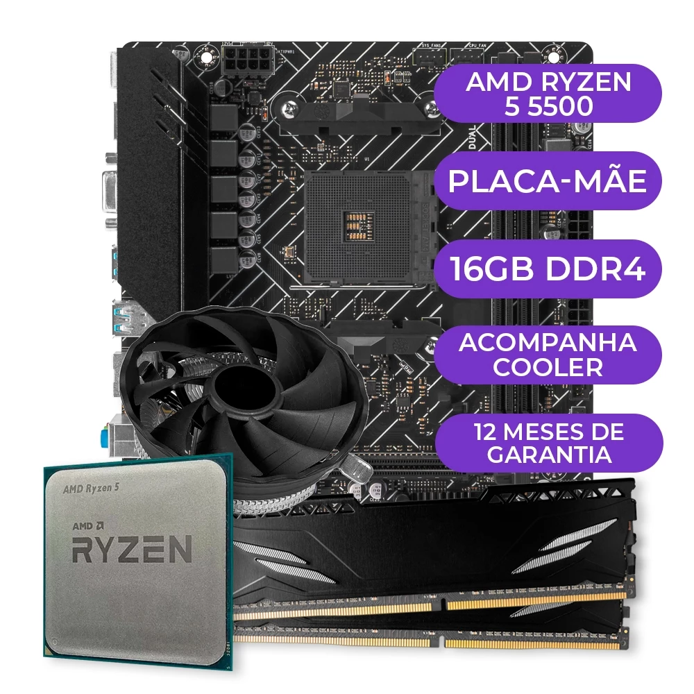 Imagem Kit Upgrade Gamer, Processador AMD Ryzen 5 5500, A520M, 16GB DDR4